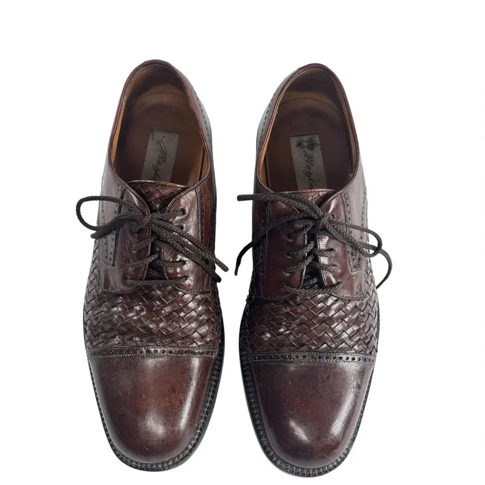 Mezlan Valencia Oxford Shoes Brown Woven Leather Cap Toe Brogue Mens 10‎